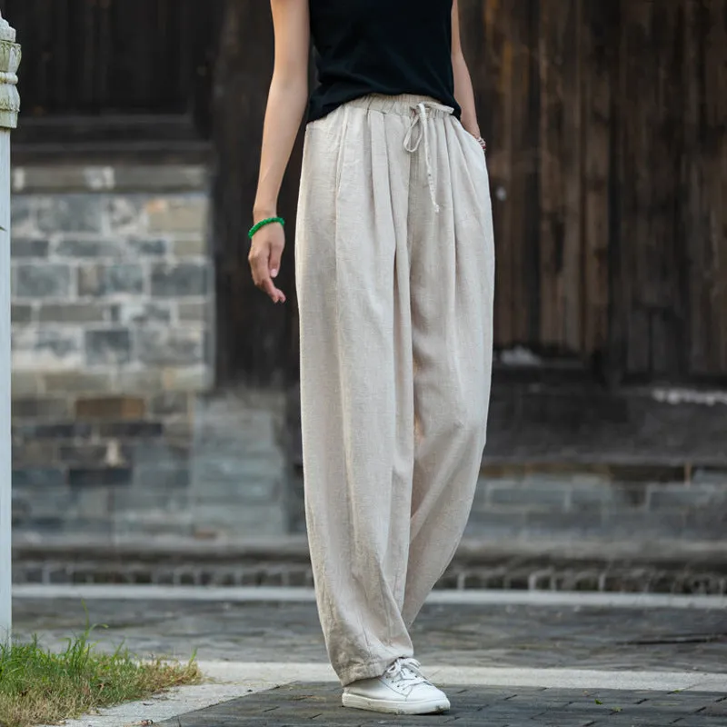 Sand-Washed Linen Tapered Carrot Pants with Drawstring