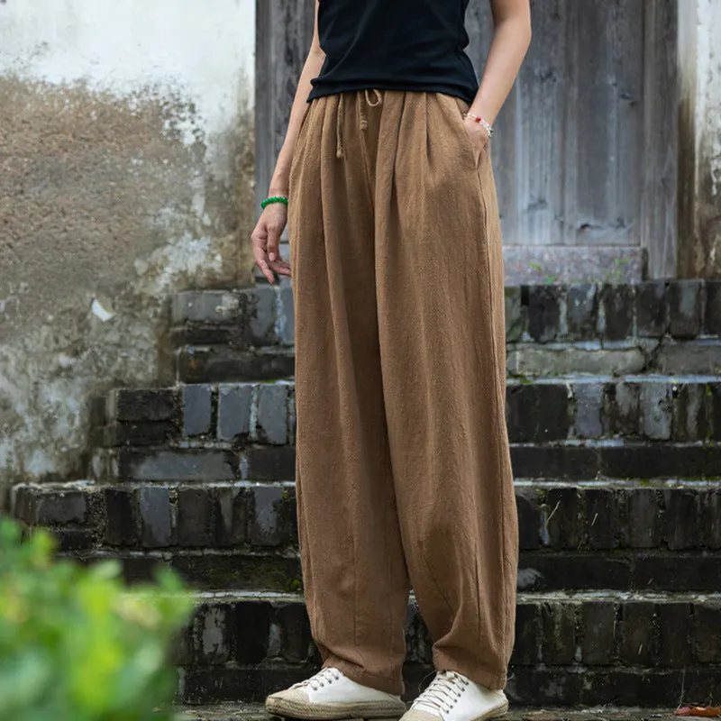 Sand-Washed Linen Tapered Carrot Pants with Drawstring