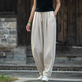 Sand-Washed Linen Tapered Carrot Pants with Drawstring