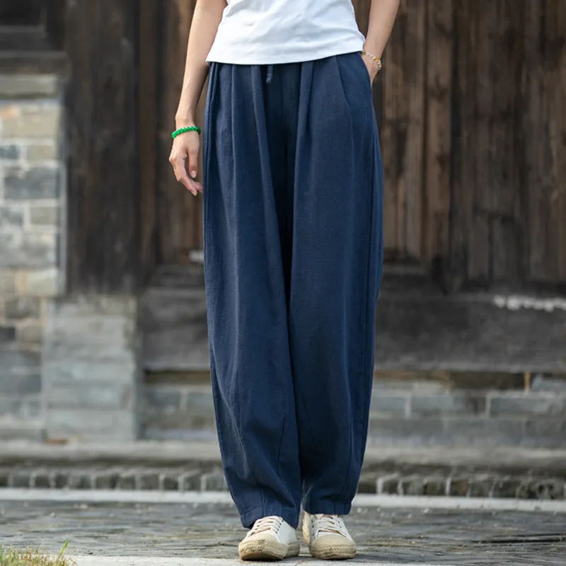 Sand-Washed Linen Tapered Carrot Pants with Drawstring