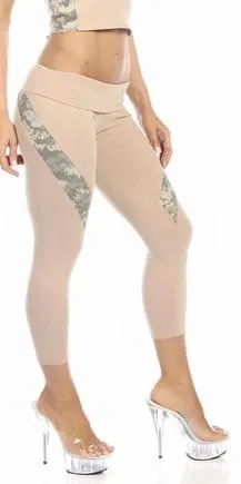 Sexy Hi Lo Waist Universal Camo Pattern Combat Athletic Capri Pants - Tan/Green