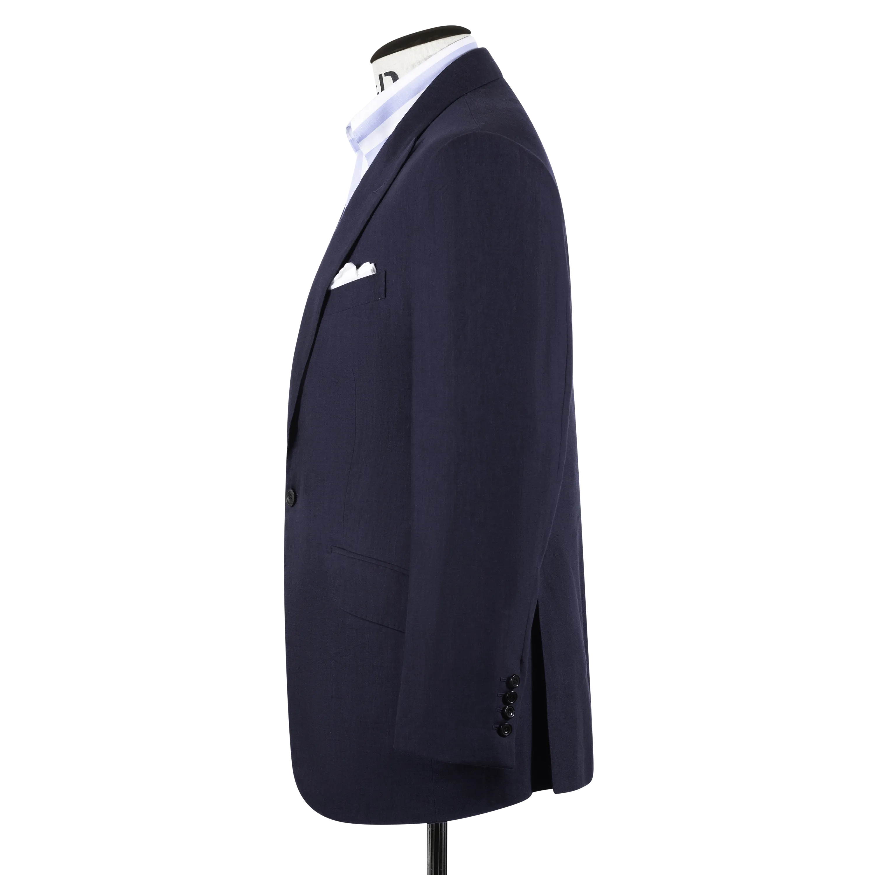 Single Breasted Peak Lapel Suit in Navy Wool, Silk and Linen