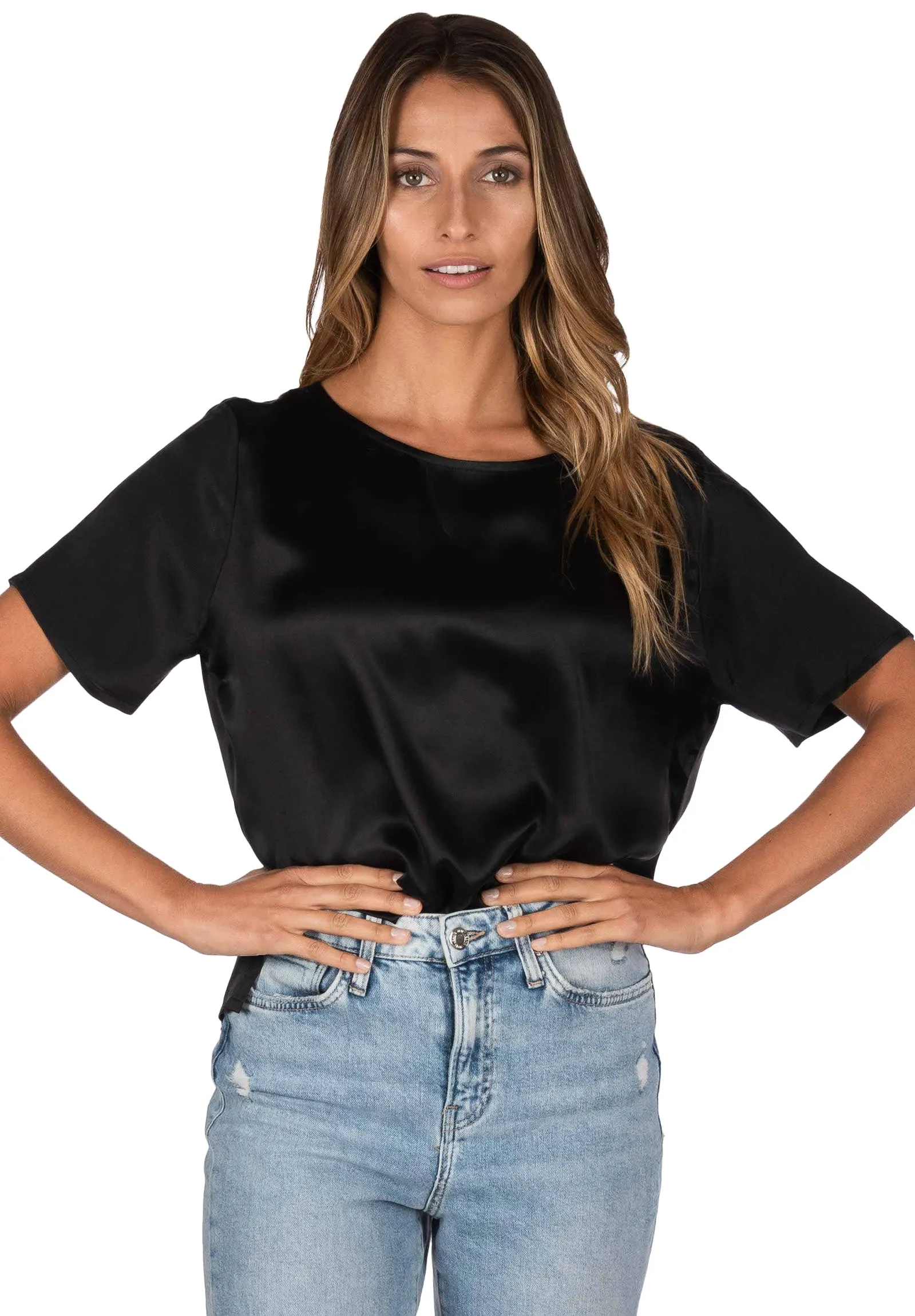 Teena-Satin Black 100% Silk T-Shirt