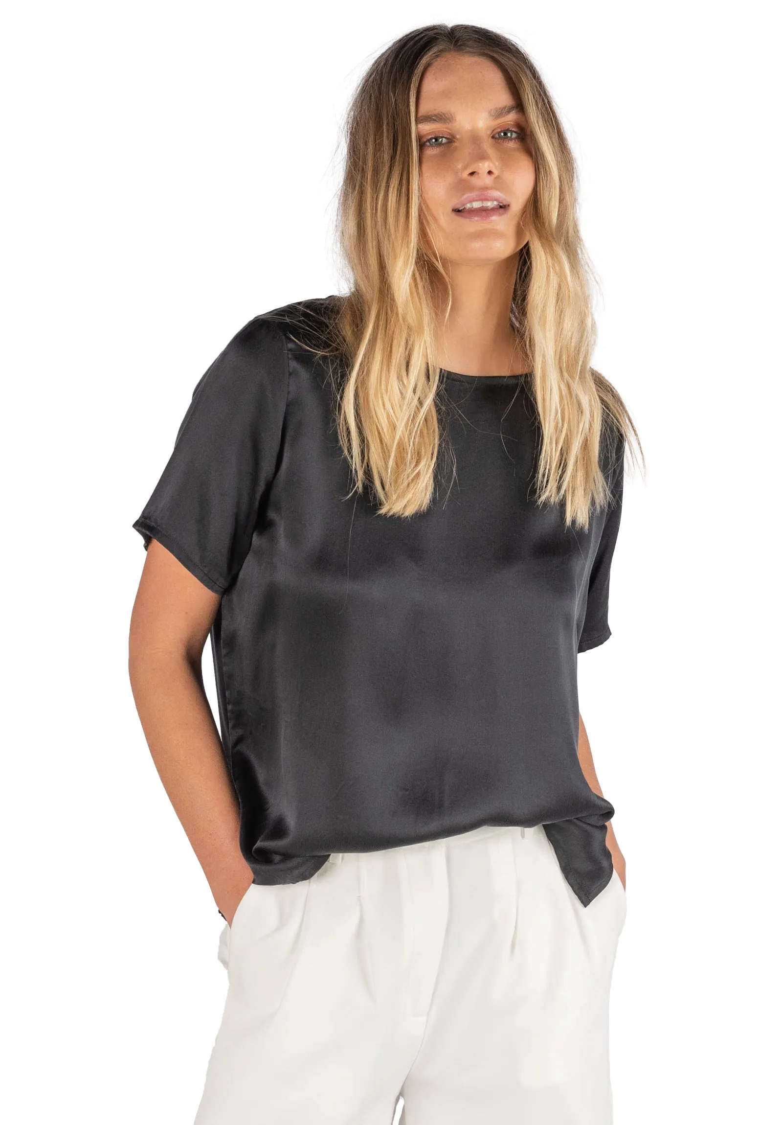 Teena-Satin Black 100% Silk T-Shirt