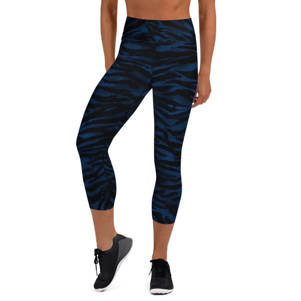 Tiger Stripe Yoga Capri Leggings, Navy Blue Animal Print Women's Yoga Tights- Made in USA/EU