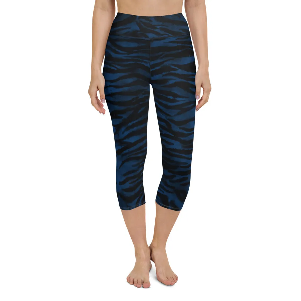 Tiger Stripe Yoga Capri Leggings, Navy Blue Animal Print Women's Yoga Tights- Made in USA/EU