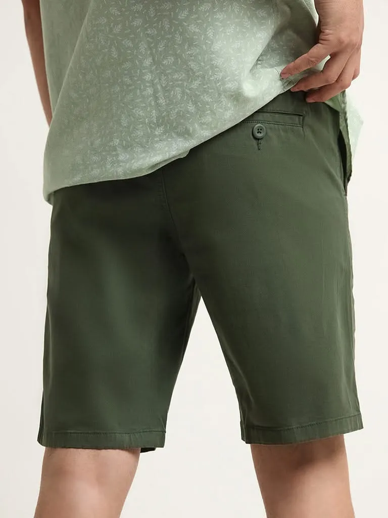 WES Casuals Green Relaxed Fit Bermuda Blended Linen Shorts