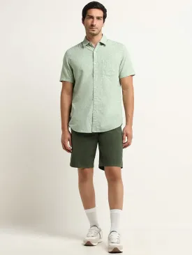 WES Casuals Green Relaxed Fit Bermuda Blended Linen Shorts