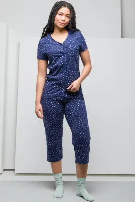 White Spotty Button Through Capri Set Navy