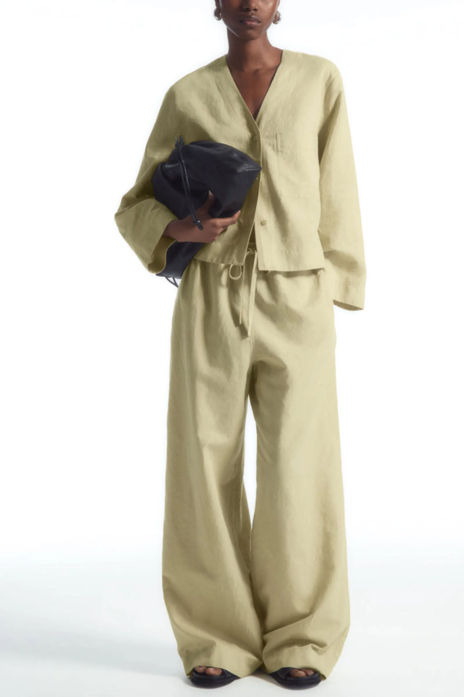 Wide-Leg Linen Drawstring Trousers