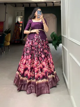 Wine Color Digital Print And Zari Weaving Work Dola Silk Lehenga Choli