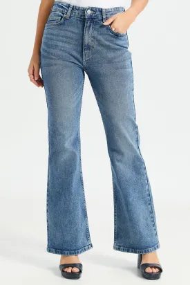 Women Blue Plain Flared Jeans