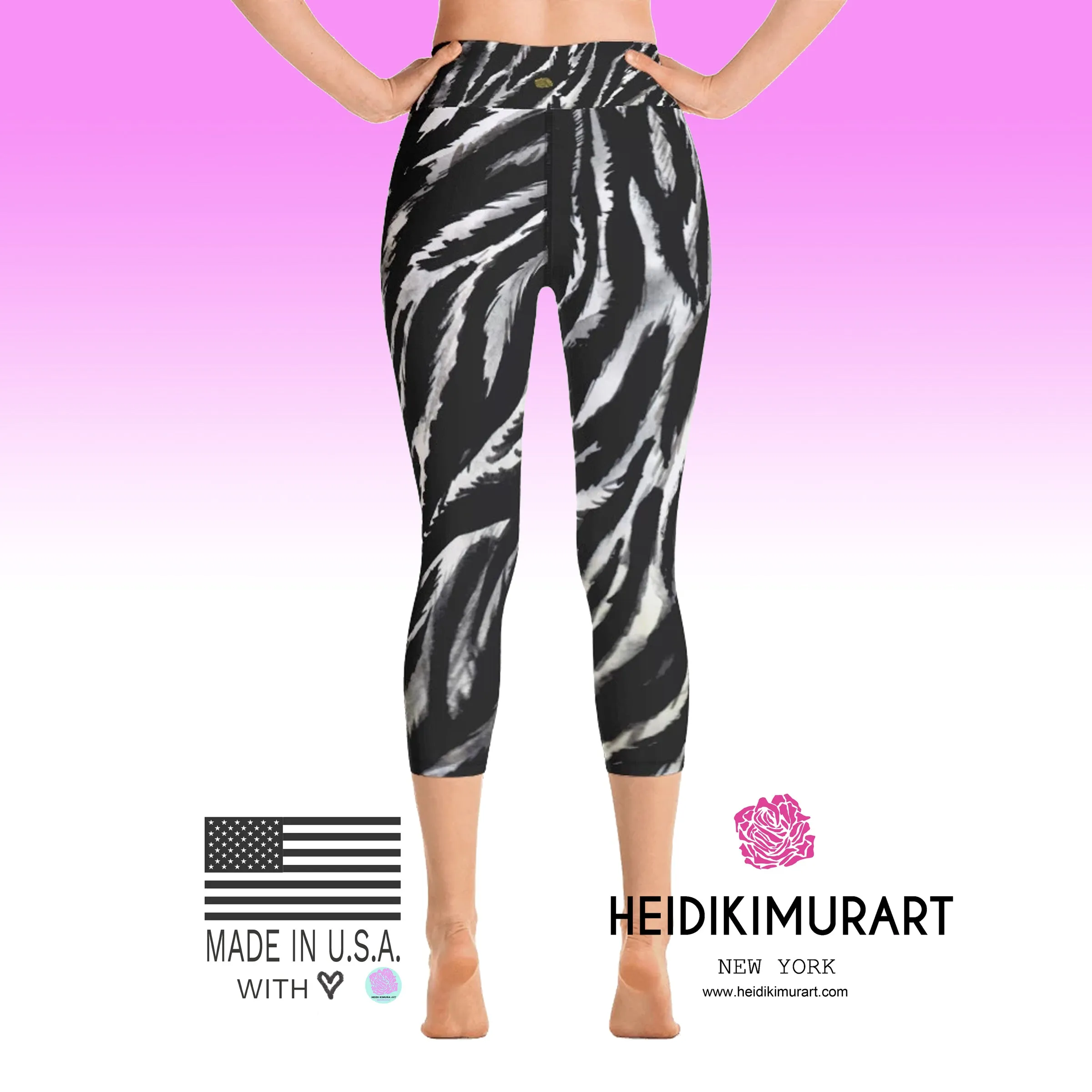 Zebra Striped Yoga Capri Leggings, Animal Print Women's Tights- Made in USA/EU (XS-XL)