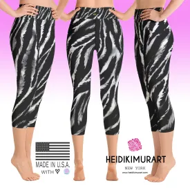 Zebra Striped Yoga Capri Leggings, Animal Print Women's Tights- Made in USA/EU (XS-XL)