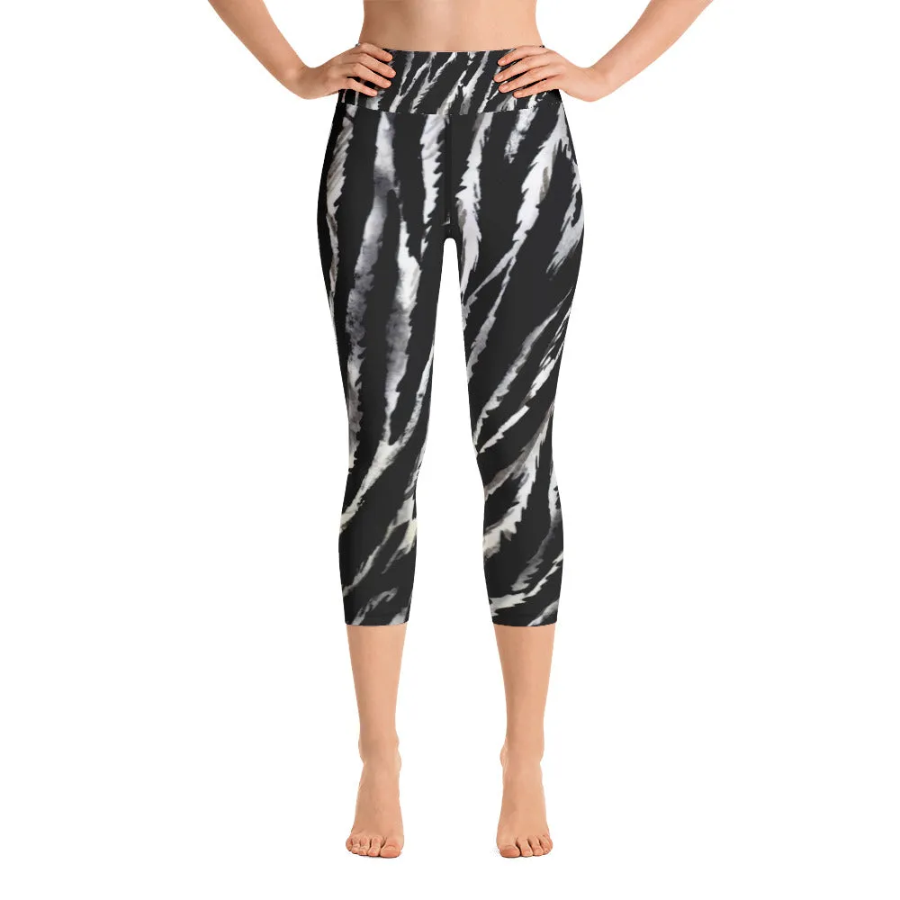 Zebra Striped Yoga Capri Leggings, Animal Print Women's Tights- Made in USA/EU (XS-XL)