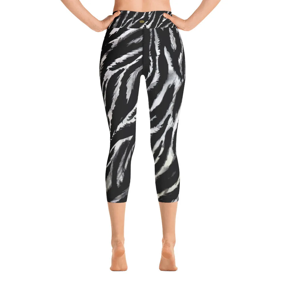 Zebra Striped Yoga Capri Leggings, Animal Print Women's Tights- Made in USA/EU (XS-XL)